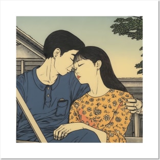 Pretty Asian Couple Hugging and Kissing on the Bench Posters and Art